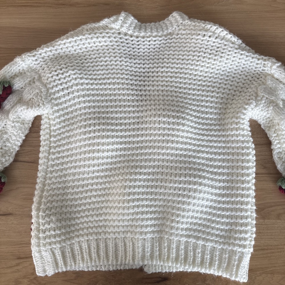 Strawberry Women's Lg Cardigan Sweater White Crochet Open Front Straw Shortcake - Picture 11 of 13